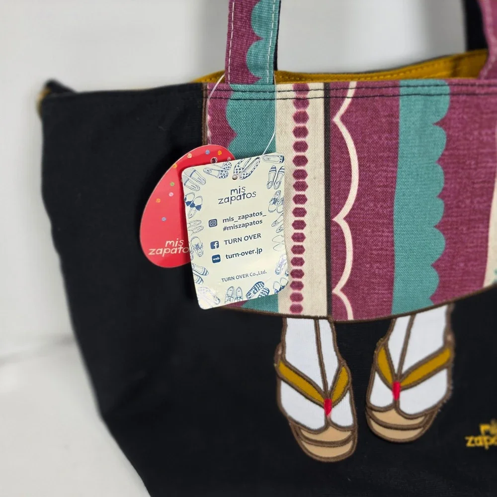 Mis Zapatos Japanese Kimono‎ Geta Sandals Canvas Tote Bag Handbag Black NWT